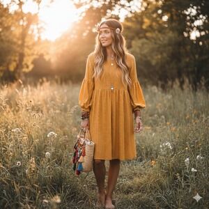 VIBE SPORTSWEAR Orange Eyelet Balloon Sleeve Midi Dress 2X Cottage Boho Romantic